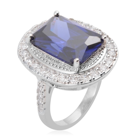 Simulated Tanzanite and White Diamond Emerald Cut Princess Ring - Picture 2 of 3